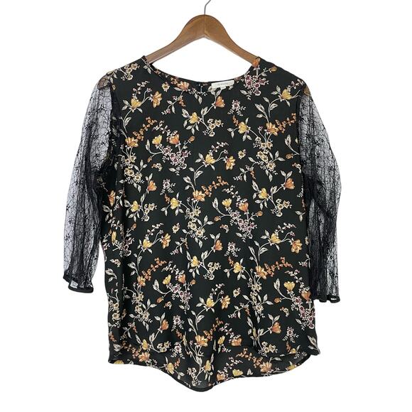 Pleione | Black Floral 3/4 Sheer Lace Sleeve High Neck Relaxed Fit Blouse - Picture 1 of 8